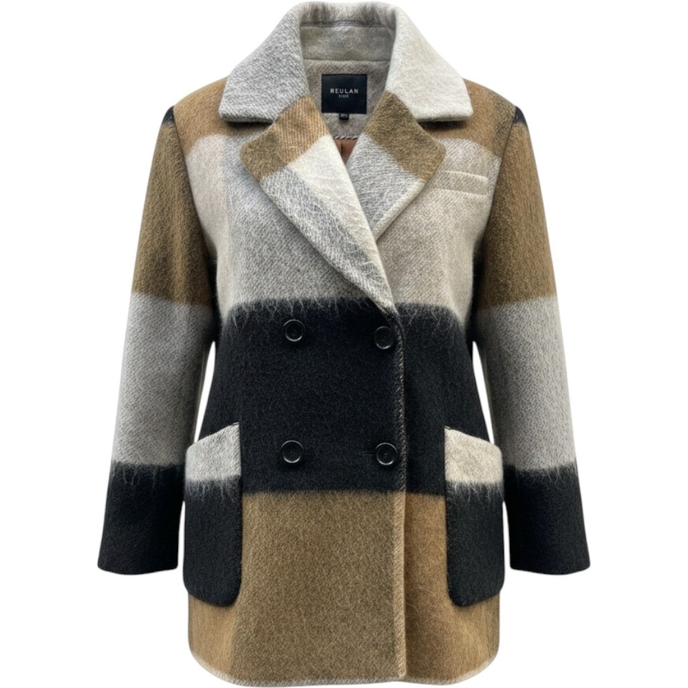 Beulah Women Colorblock Plaid Double Breasted Coat Jacket Tan Black Grey M/L